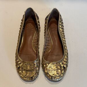 Tory Burch Metallic Gold Woven Logo Ballet Flats